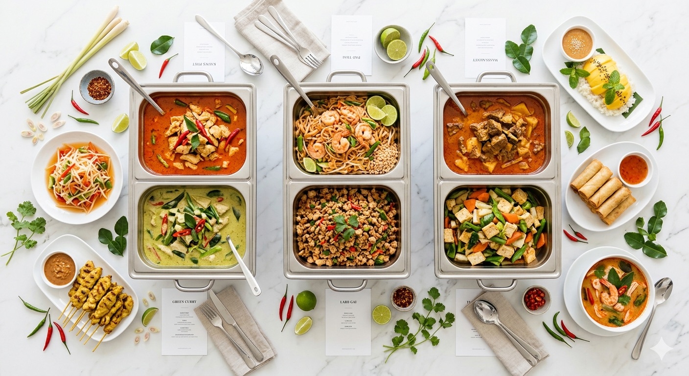 Thai Ginger catering spread on white marble — chafing dishes of panang, green curry, drunken noodles, satay, spring rolls, and sides.