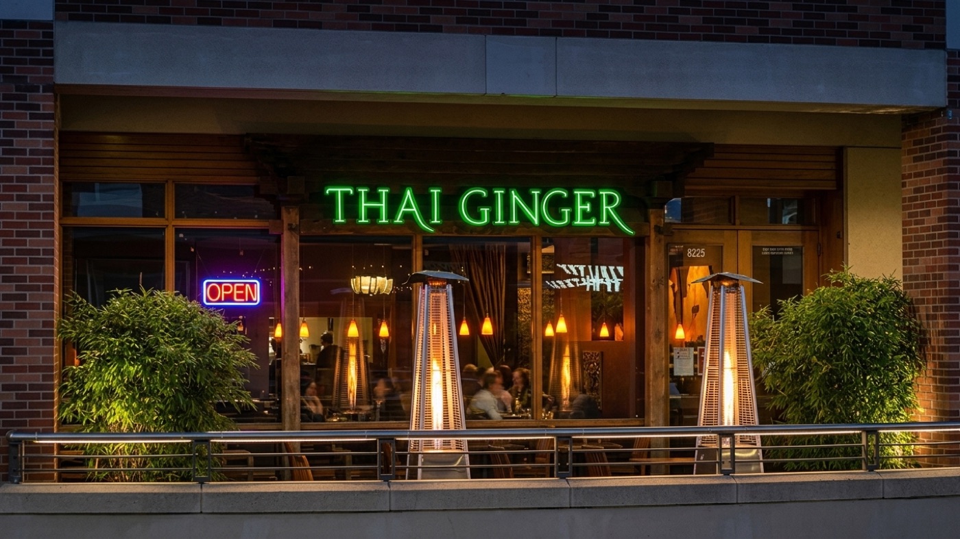 Thai Ginger Redmond storefront at night — neon sign lit, patio heaters on the front sidewalk.